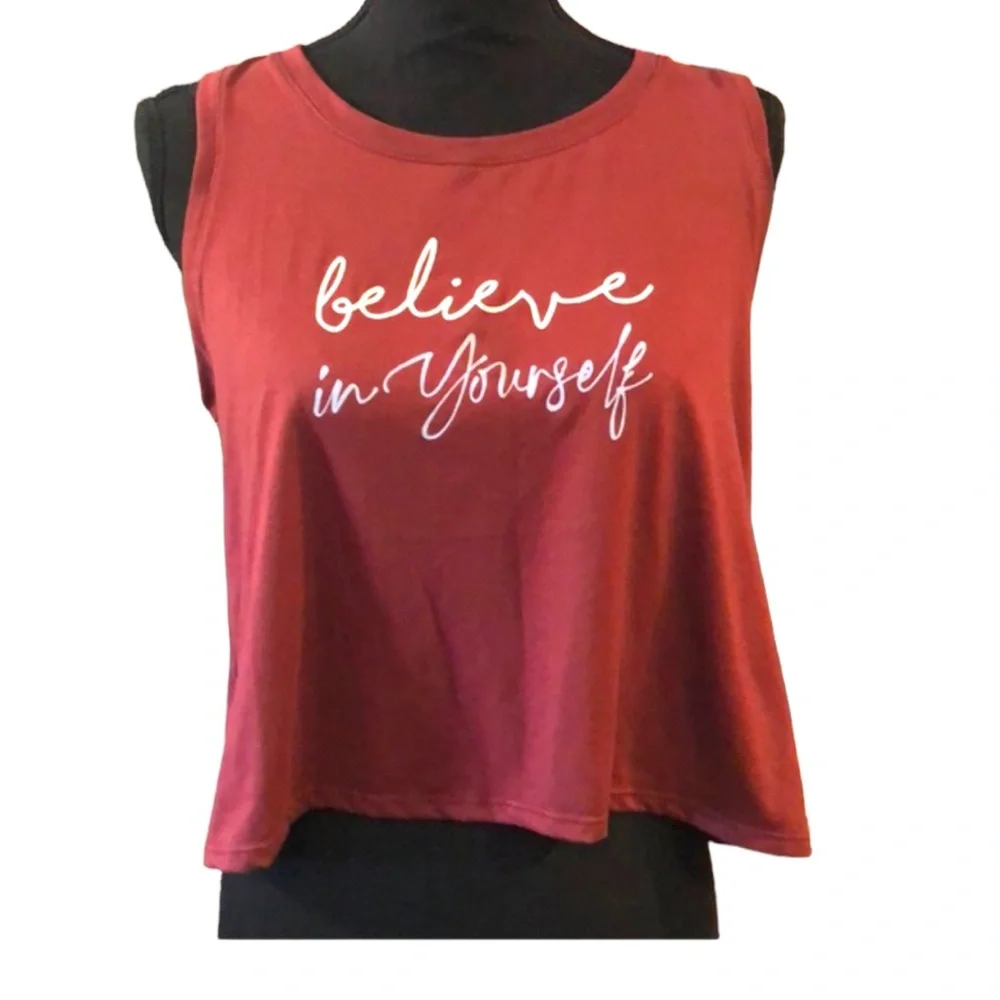 FLEXURE BODYWEAR CROP TOP BELIEVE IN YOURSELF PRINTED GRAPHIC MAROON SIZE LARGE